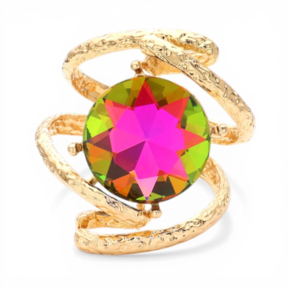 Iridescent Multicolor Rhinestone Statement Bracelet Gold-Tone Hinged Cuff